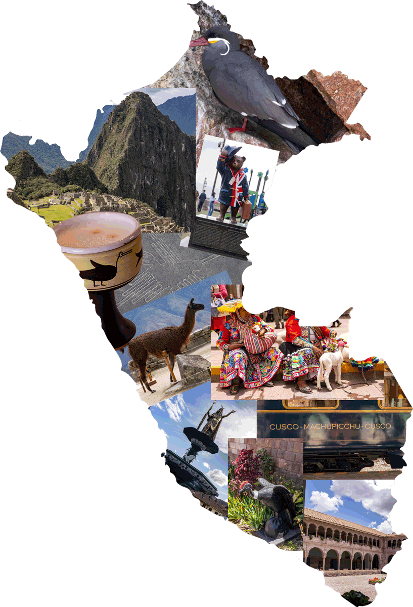 Montage of photographs of Peru enclosed in the shape of its borders