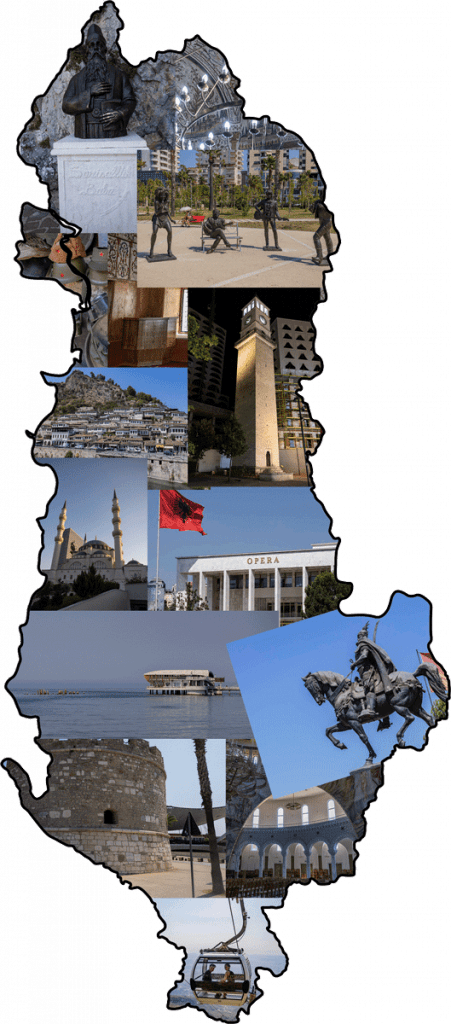Montage of photographs from Albania frames in the outline of the country's borders