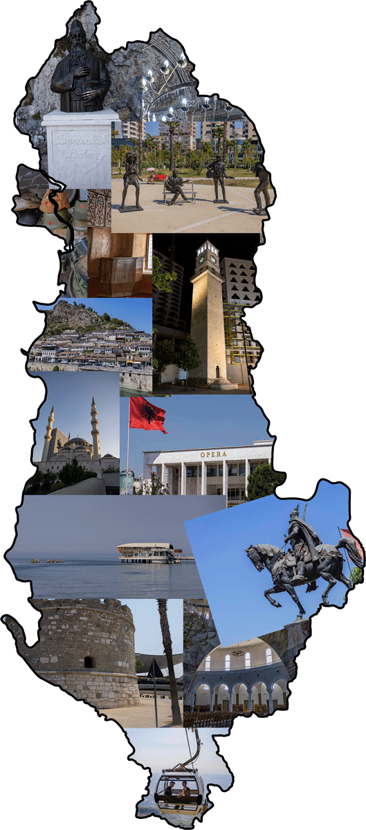 Montage of photographs from Albania frames in the outline of the country's borders