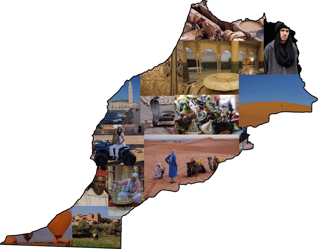 Montage of photographs from Morocco framed in the outline of the country's borders