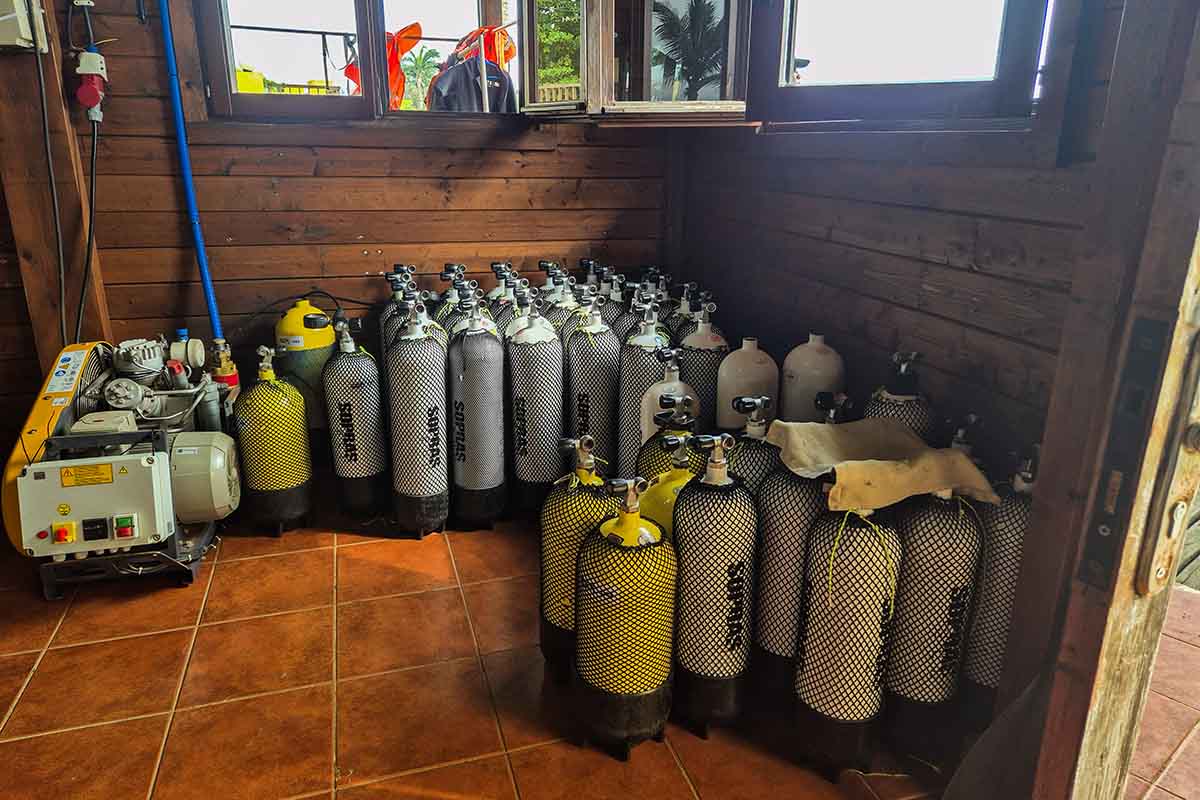 Oxygen cylinders lined up in a Dive Centre
