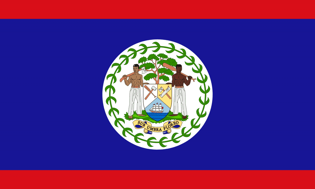 Flag of Belize, two thin red horizontal stripes with a court of arms in the centre on a blue background