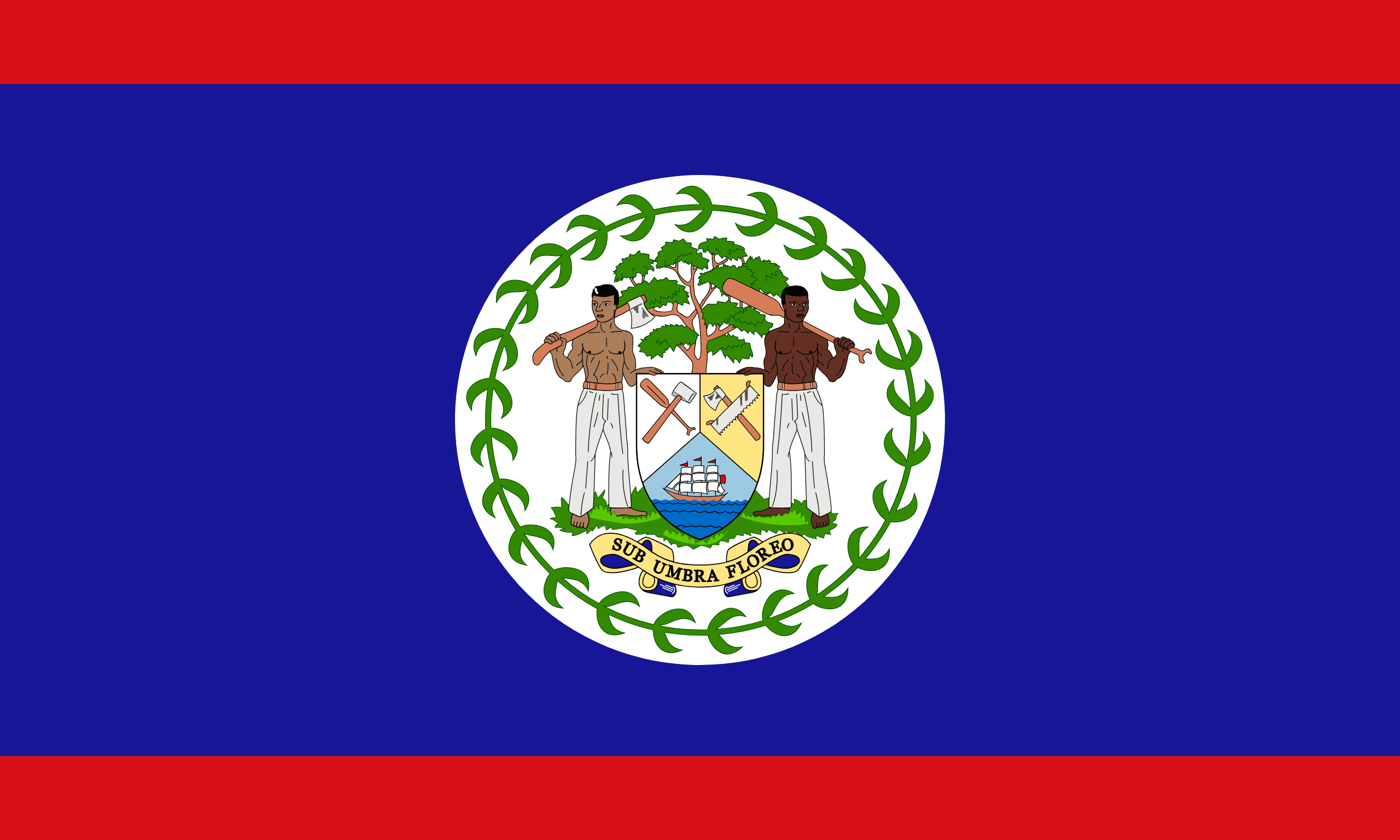 Flag of Belize, two thin red horizontal stripes with a court of arms in the centre on a blue background