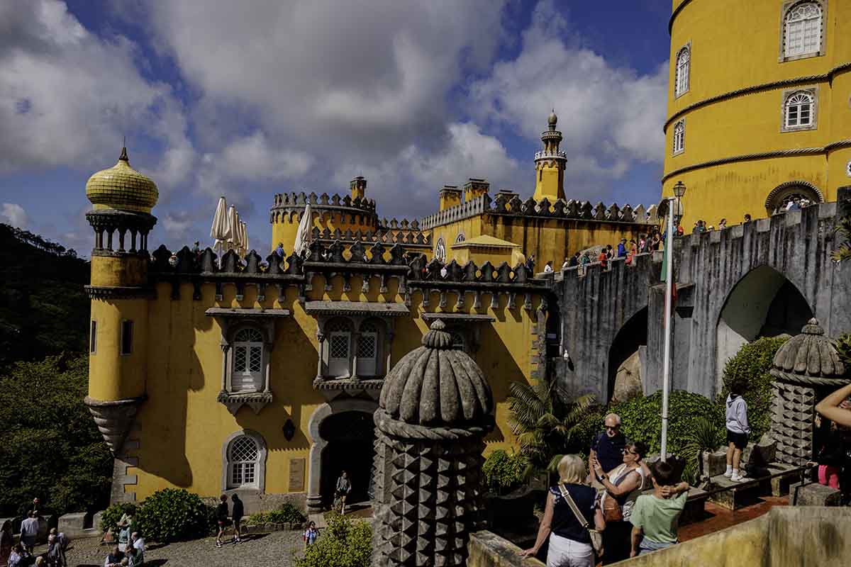 yellow painted towers of Pen palace, Sintra one of the 10 best daytrips from Lisbon