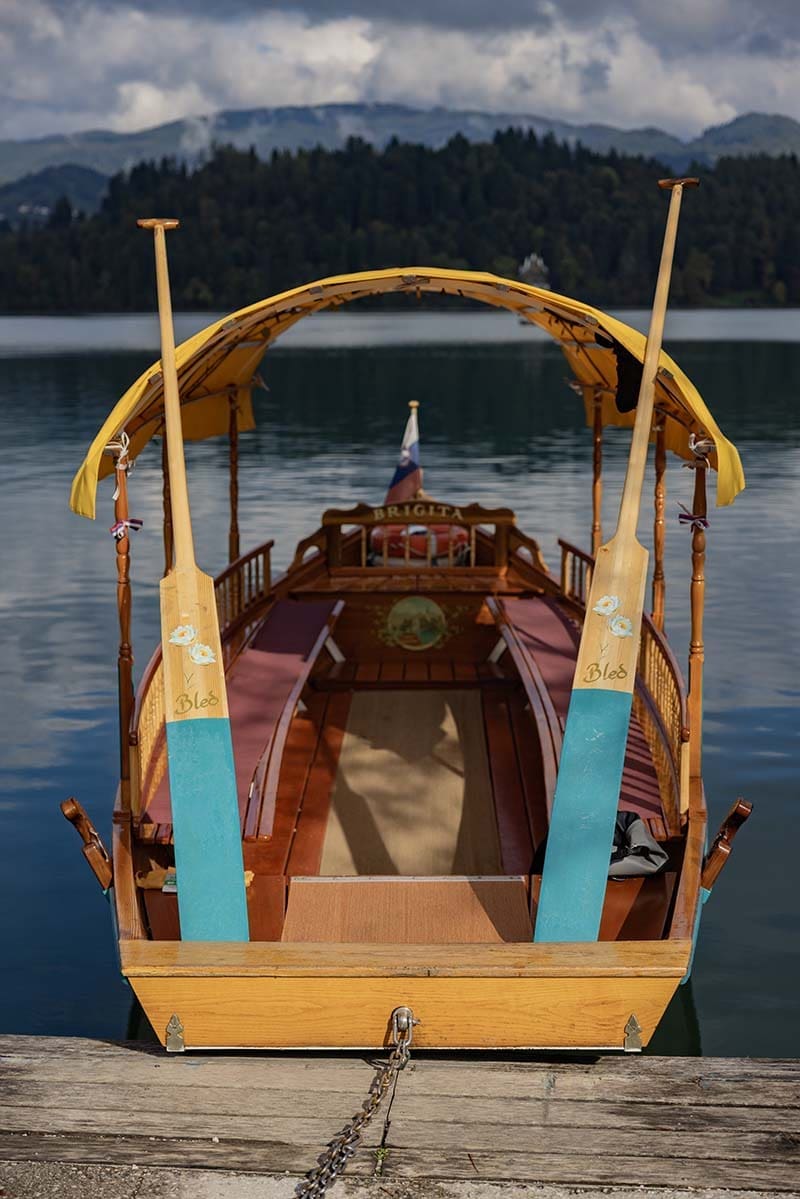 Traditional Pletna rowing boat on Lake Bled, Slovenia