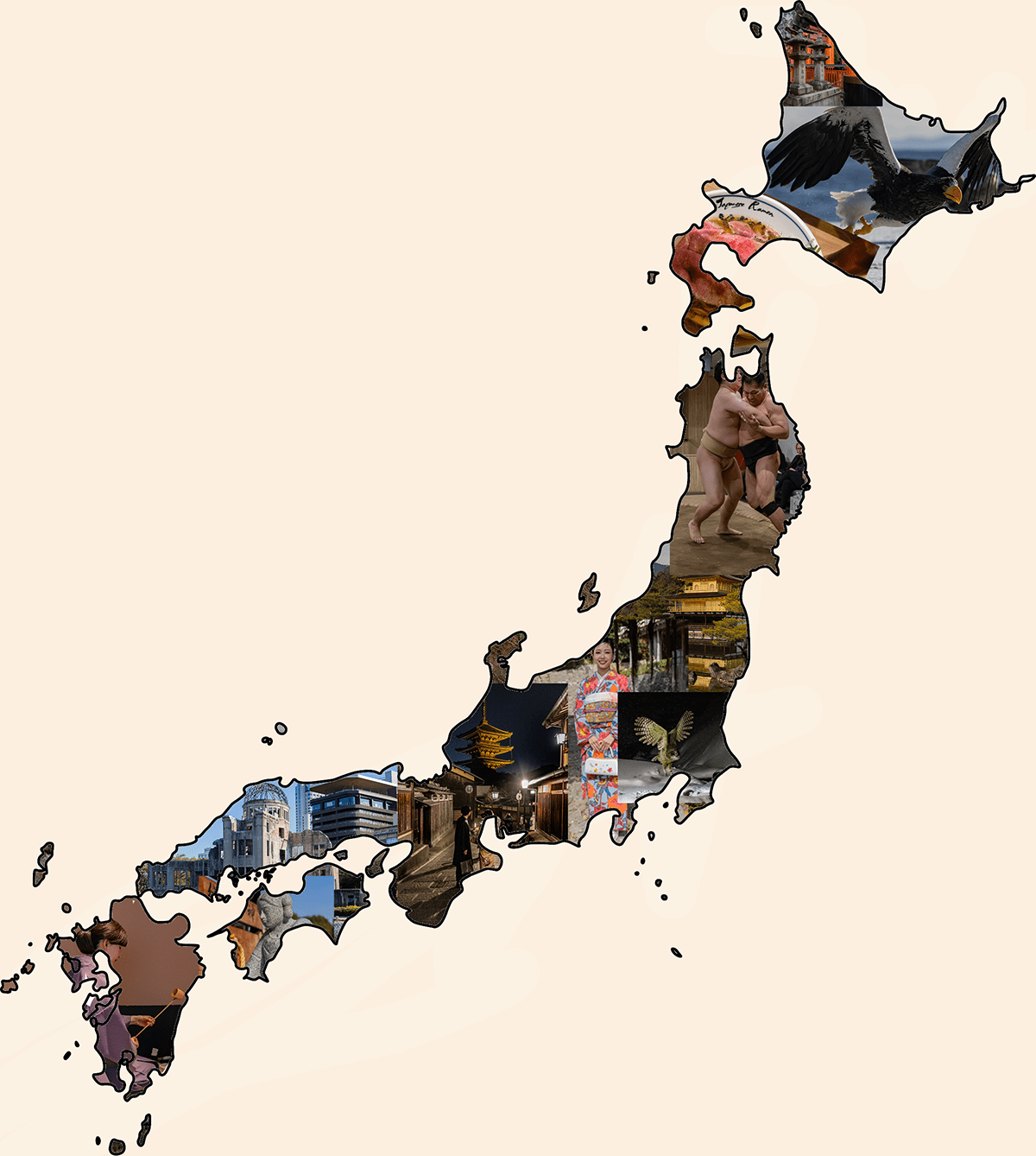 Collage of Japanese images within an outline of the country's coastline - Japan Travel Guide